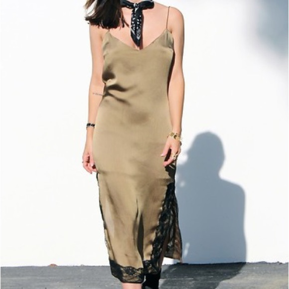 ZARA Olive Green Satin Slip Midi Dress with side slits size Medium - Picture 15 of 17